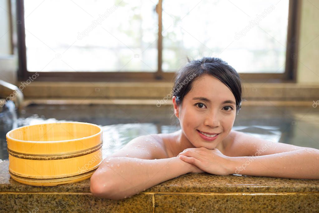 Japanese women relaxing in the hot springs