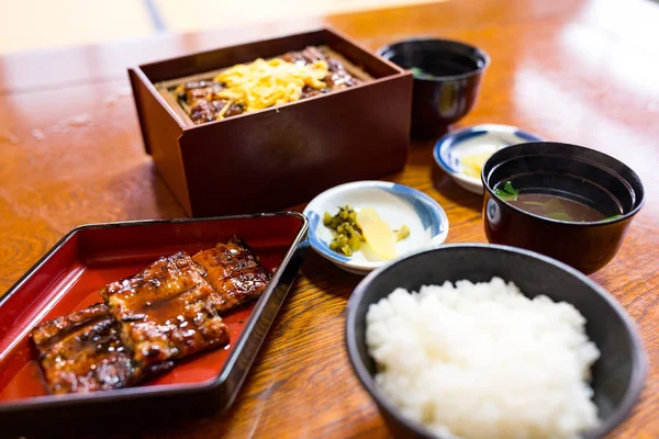 Riz à l'anguille dans un bol aux fruits de mer japonais — Photo