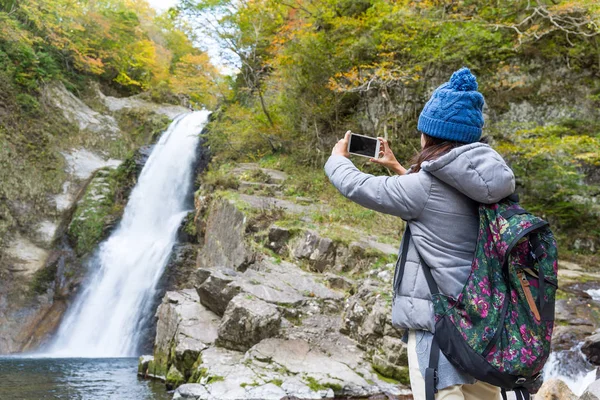 Женщина фотографирует по мобильному телефону в лесу — стоковое фото