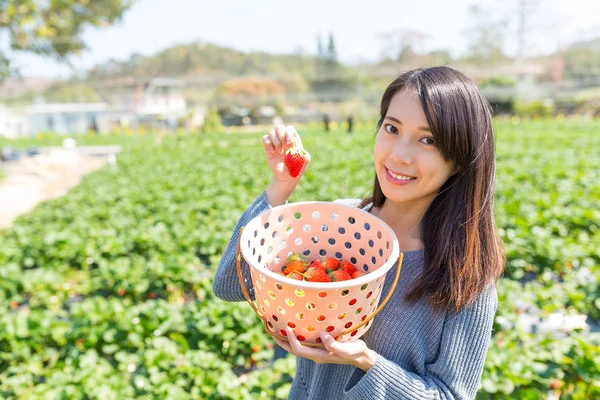 Vrouw bedrijf mand van aardbeien — Stockfoto