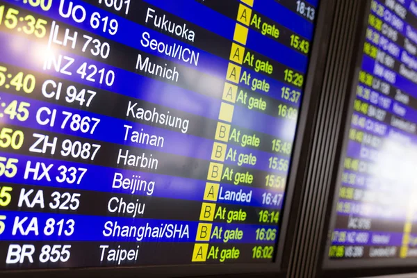 Flights information board in airport terminal — Stock Photo, Image