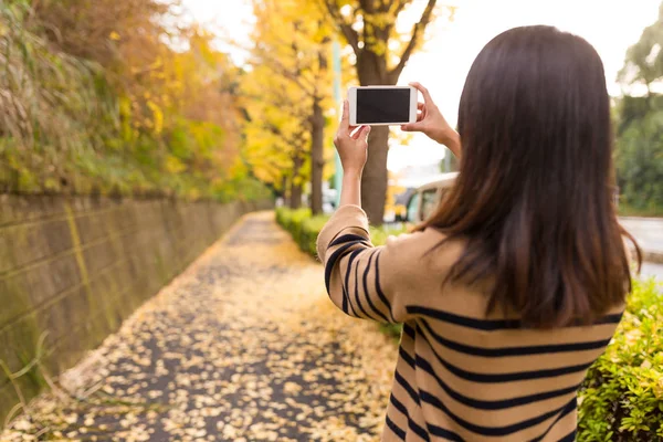 Kvinnan tar foto på hösten — Stockfoto