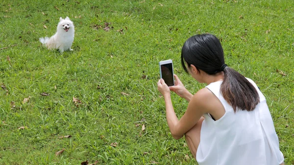 Mujer tomando fotos con el teléfono celular en su perro — Foto de Stock
