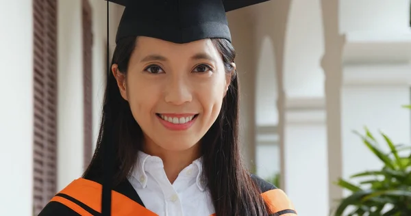 Asian Woman Wearing Graduation Gown University Campus — Stock Photo, Image