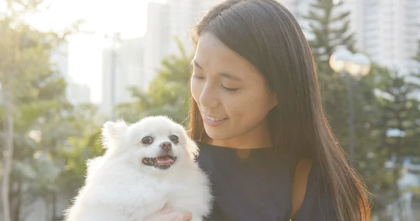 여자는 공원에서 그녀의 강아지와 — 스톡 사진