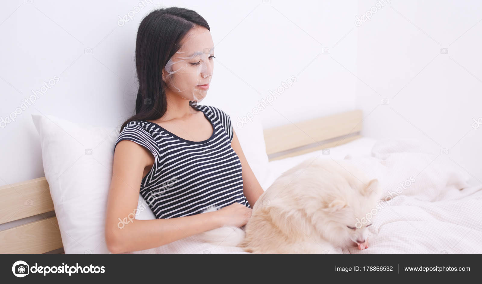Woman Apply Paper Mask Bed Play Her Dog Stock Photo by ©leungchopan