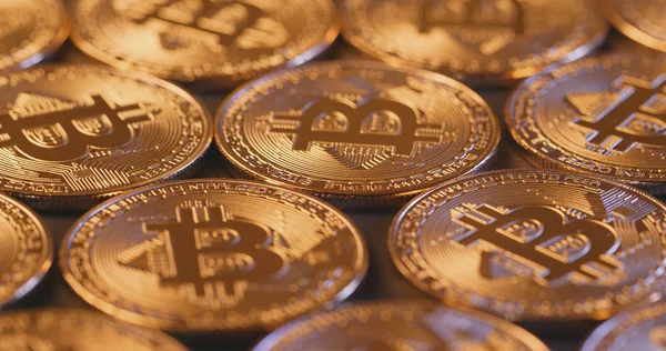 Bitcoins Oro Pila Cerca — Foto de Stock