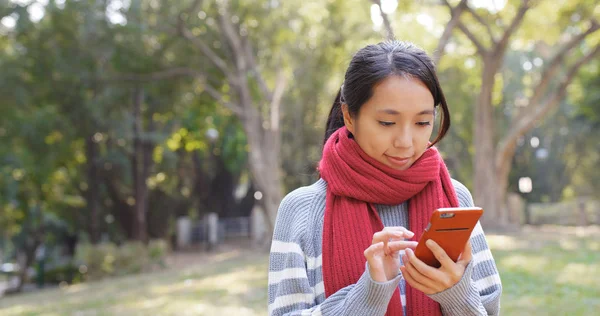 Mulher Olhando Para Telefone Celular Parque — Fotografia de Stock