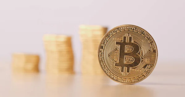 Bitcoin Con Pila Monedas Parte Posterior — Foto de Stock