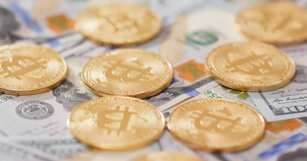 Högen Oss Dollar Och Bitcoins — Stockfoto