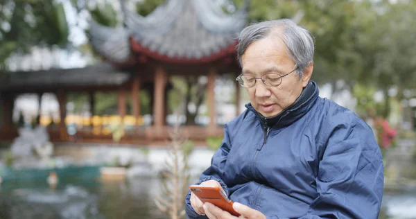 Old Man Watching Smartphone Beautiful Chinese Garden — Stock Photo, Image