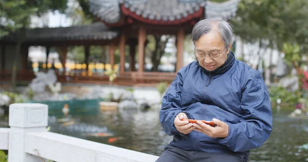 Old man watching on smartphone inside beautiful Chinese garden