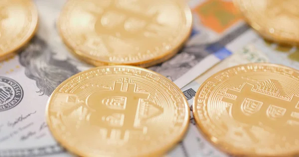 Bitcoin Billetes Papel Estadounidenses Cerca — Foto de Stock