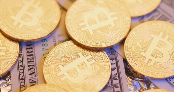 Bitcoins Dollar Banknotes — Stock Photo, Image