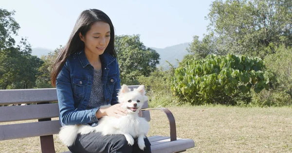 Kvinna Leker Med Sin Hund Utomhus — Stockfoto