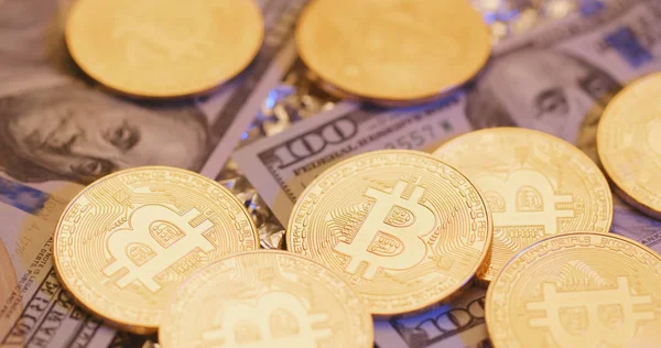 Bitcoins Usd Banknotes Close — Stock Photo, Image