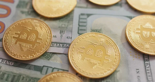 Billets Banque Bitcoins Usd Rapprochés — Photo