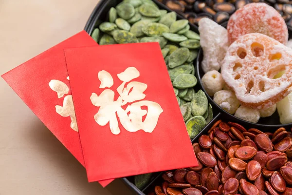 Chinesisches Snack Tablett Mit Rotem Päckchen Wort Bedeutet Glück Für — Stockfoto