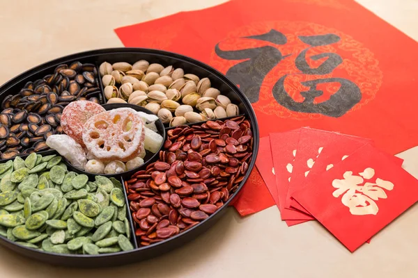 中国传统小吃托盘红色包和中国书法单词意味着运气 — 图库照片