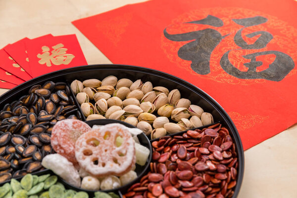 Assorted chinese snack tray with red packet and chinese calligraphy word mean luck