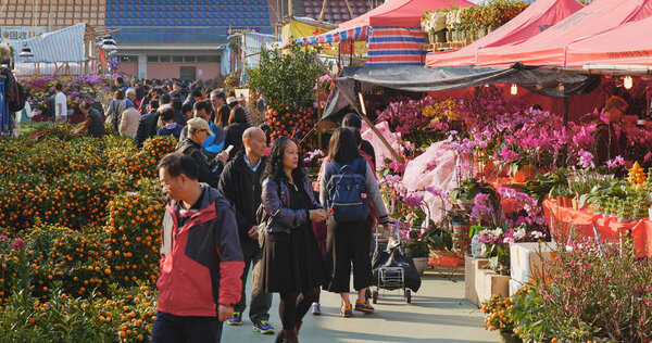 Tsuen Wan, Hong Kong - 13 February 2018: Traditional chinese fair for lunar new year in Hong Kong