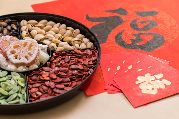 Lunar new year chinese snack tray with red packet and chinese calligraphy word mean luck