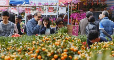 Victoria Park, Hong Kong - 14 Şubat 2018: Hong Kong ay yeni yıl adil Victoria Park, geleneksel Çin pazarı 