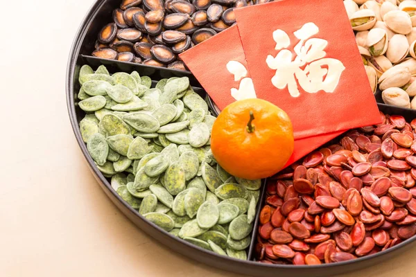 Chinese snack tray with red packet word mean luck