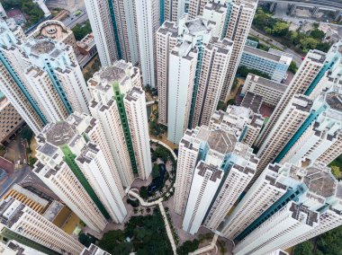 Hong Kong'da bir yerleşim bölgesinde, üstten görünüm