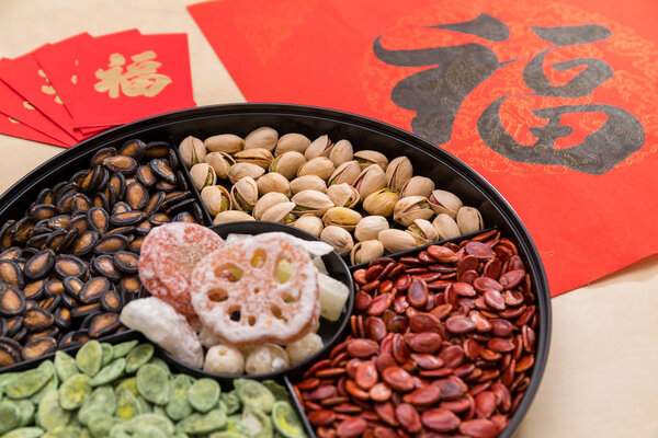 Chinese snack tray with red packets and Chinese calligraphy word means luck 