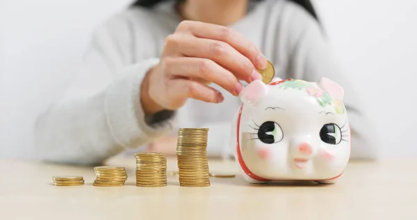 Woman Putting Coins Piggy Bank — Stock Photo, Image