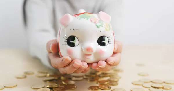 Woman Holding Piggy Bank Coin Desk — Stock Photo, Image
