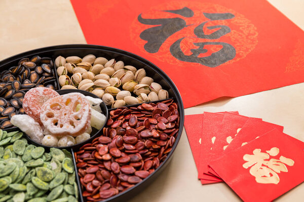 Chinese new year snack tray with red packet and couplet word mean luck