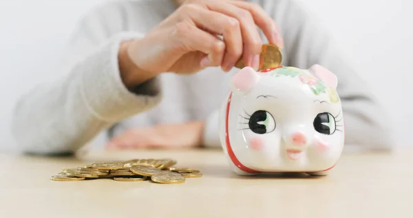 Putting Golden Coins Piggy Bank — Stock Photo, Image