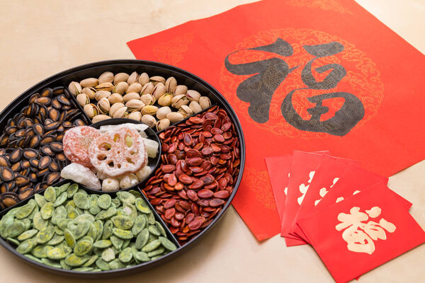 Snack tray with red packet and couplet word mean luck for lunar new year