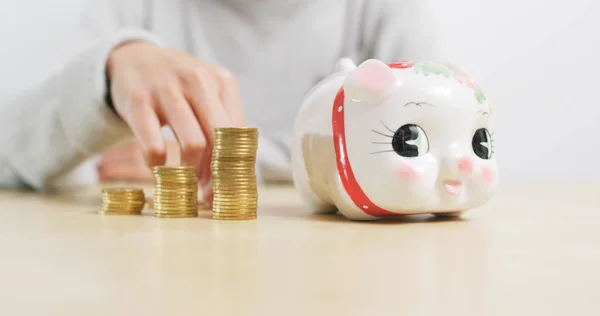 Putting Golden Coins Piggy Bank Home — Stock Photo, Image