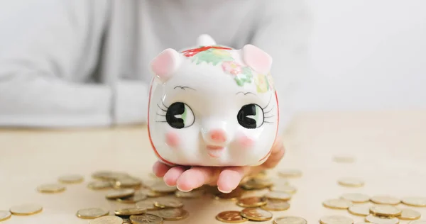 Woman Holding Piggy Bank Coin Desk — Stock Photo, Image