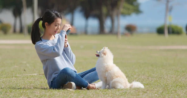 Mujer Tomando Fotos Con Perro —  Fotos de Stock