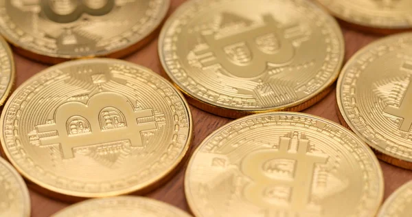 Group Golden Bitcoins Close — Stock Photo, Image