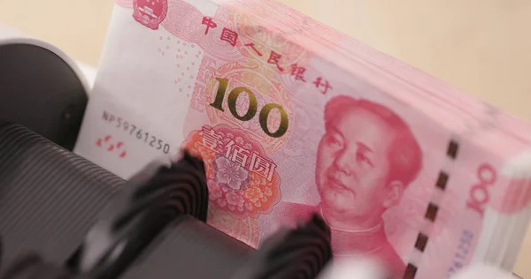 Máquina Contagem Dinheiro Com Chinês Cem Rmb — Fotografia de Stock