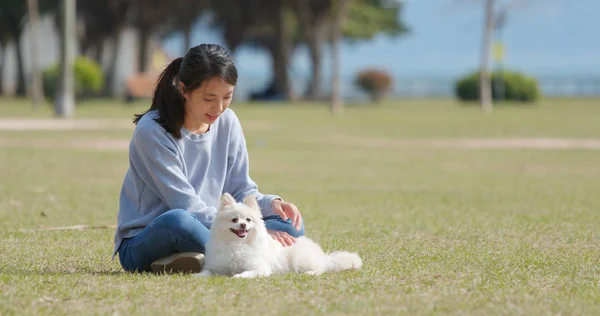 Frau War Mit Hund Freibad — Stockfoto