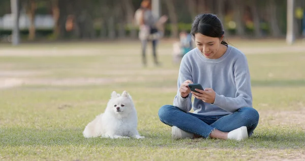 Frau Sitzt Mit Ihrem Hund Auf Dem Grünen Rasen — Stockfoto
