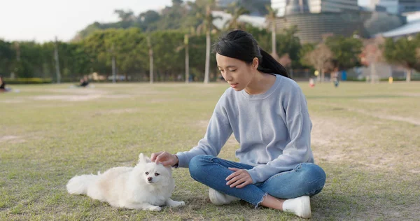 Kvinna Leker Med Sin Hund Utomhus Park — Stockfoto