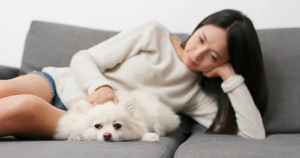 Mujer Masajeando Perro Casa — Foto de Stock