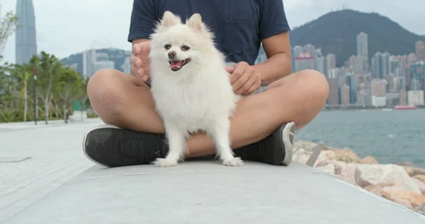 Człowiek Przytulanie Jego Pies Zewnątrz — Zdjęcie stockowe