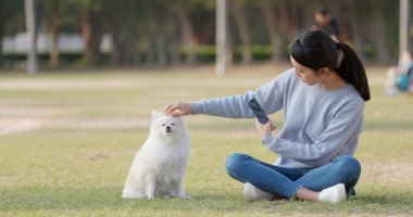 Onu köpek ile kadın alarak fotoğraf 