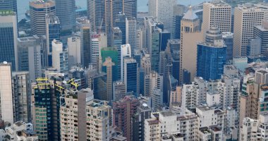 Merkez, Hong Kong - 05 Ekim 2019: Gün batımı saatinde Hong Kong