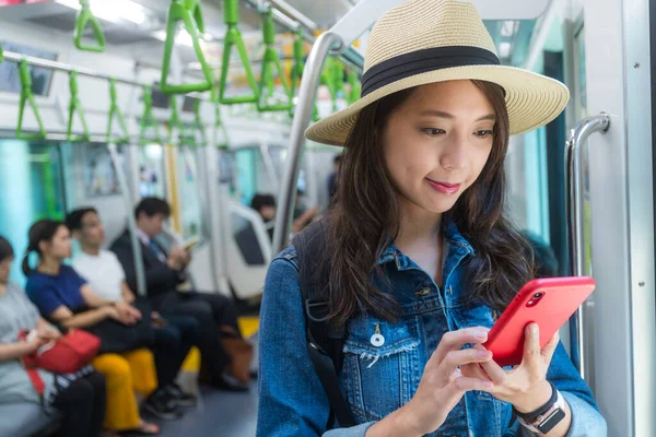 Woman Use Cellphone Train — Stock Photo, Image