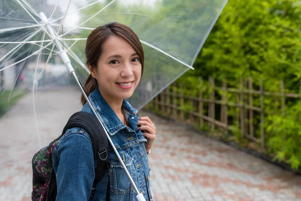 Woman smile to camera at rain day