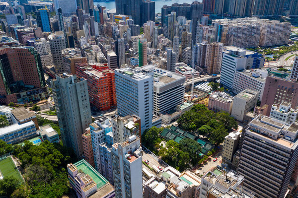 Hung Hom, Hong Kong 10 September 2019: Aerial view of Hong Kong city
